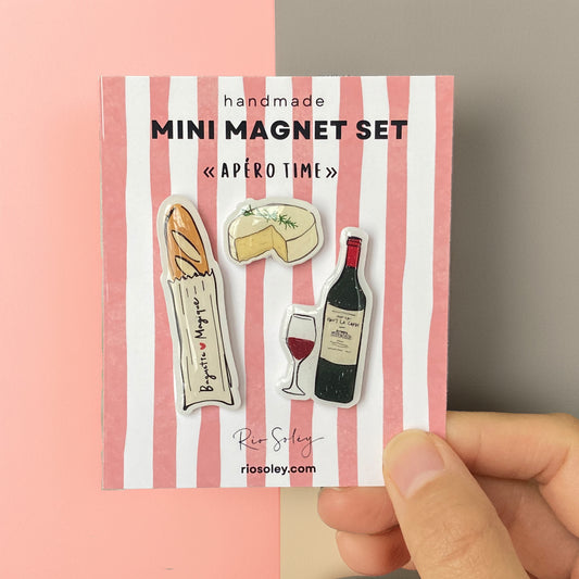 Handmade Mini Magnet Set – Apéro Time (Baguette, Wine & Camembert Cheese)