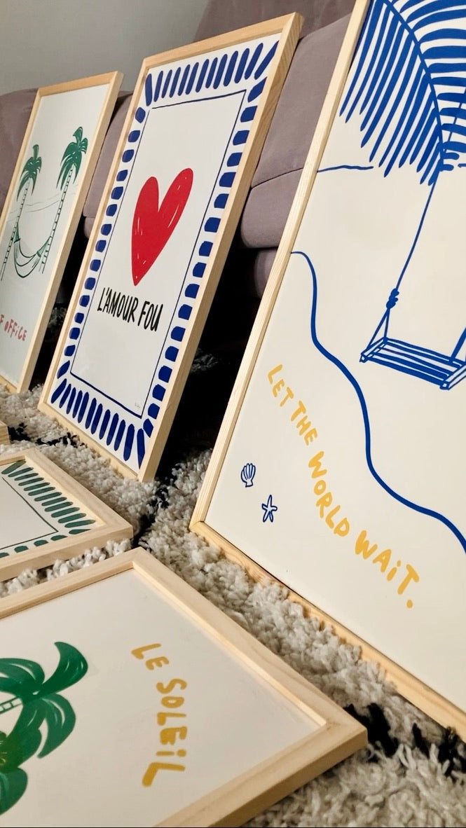 Let the World Wait – Coastal Print with Palm Trees and Swing