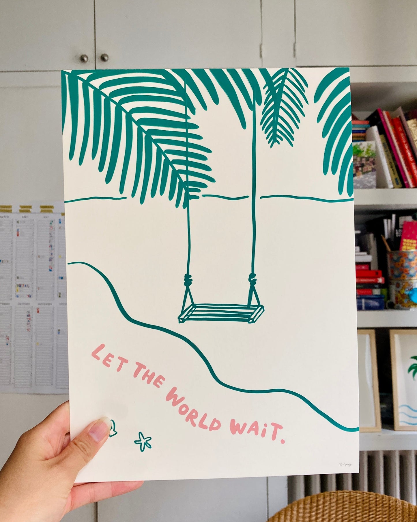 Let the World Wait – Coastal Print with Palm Trees and Swing