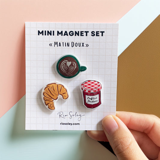 Handmade Mini Magnet Set - Matin Doux (Croissant, Coffee & Strawberry Jam)