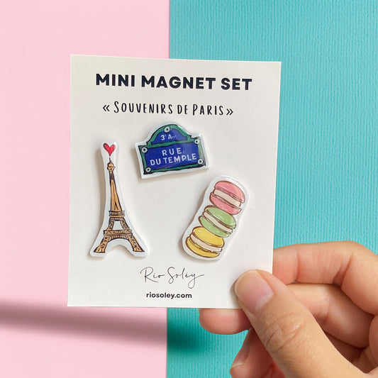 Handmade Mini Magnet Set – Souvenirs de Paris (Eiffel Tower, Paris Street Sign & Macarons)