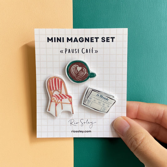 Handmade Mini Magnet Set – Pause Café (Coffee, Parisian Café Chair & Le Monde Newspaper)