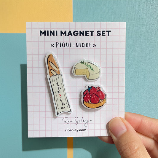 Handmade Mini Magnet Set – Pique-nique (Baguette, Strawberry Tart & Camembert Cheese)