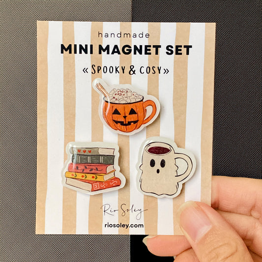 Handmade Mini Magnet Set – Spooky & Cosy (Pumpkin Spice Latte, Ghost mug & Bookish)