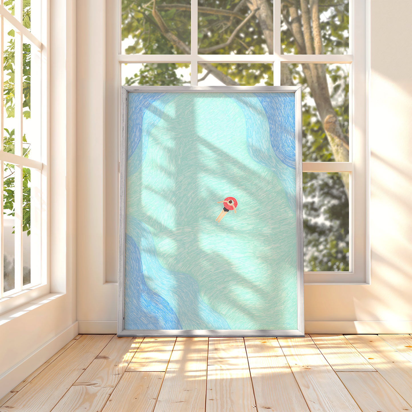 Affiche artistique « Fille flottante » – Décoration murale aérienne océanique – Décoration intérieure côtière apaisante