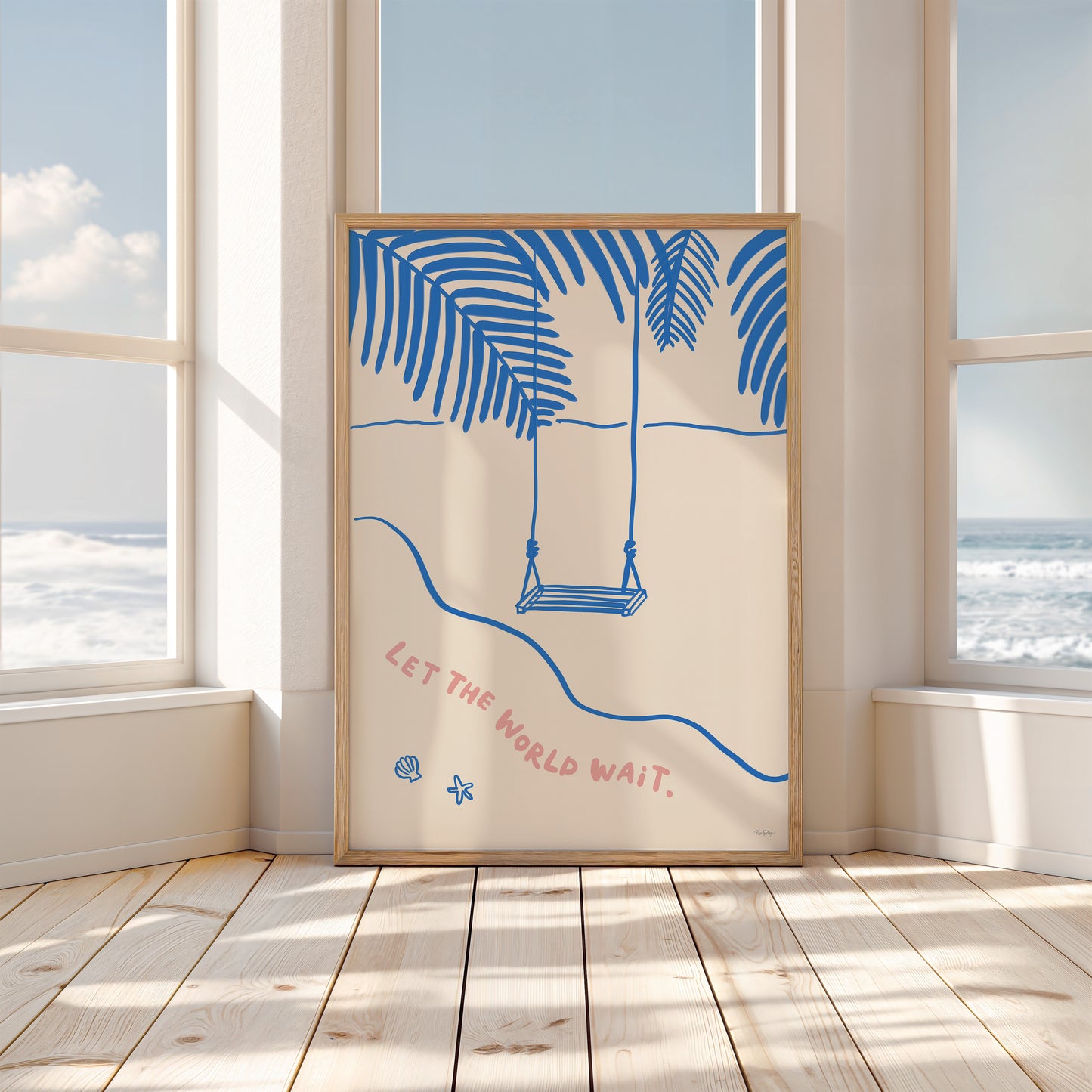 Let the World Wait – Coastal Print with Palm Trees and Swing