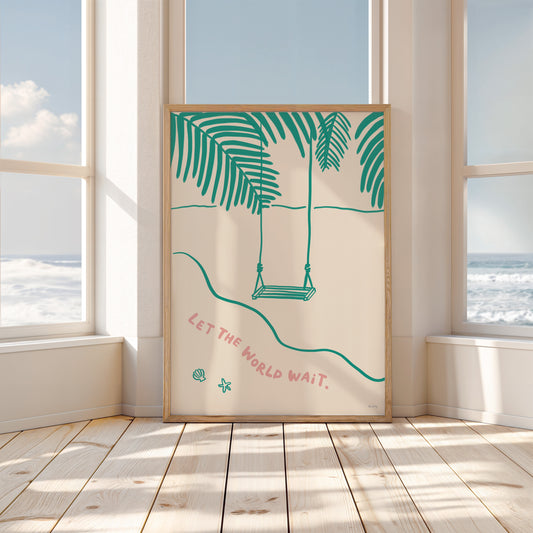 Let the World Wait – Coastal Print with Palm Trees and Swing