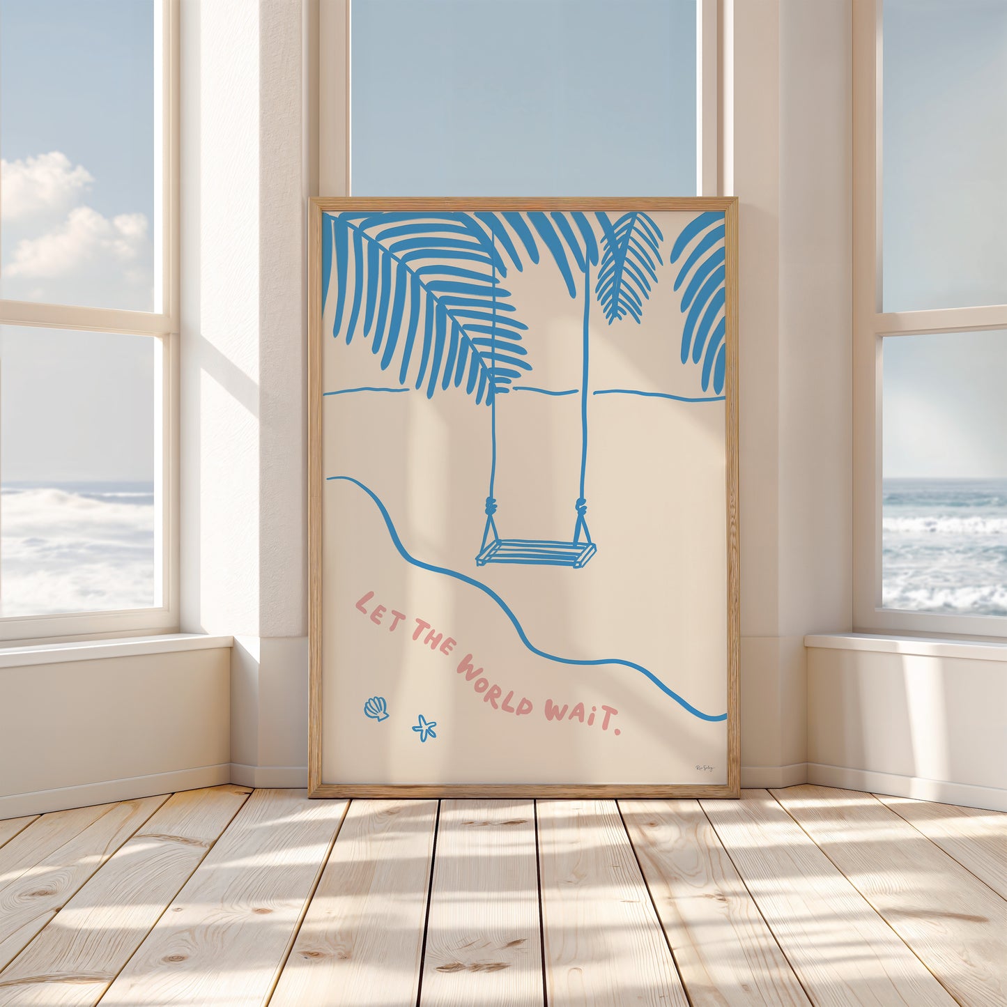 Let the World Wait – Coastal Print with Palm Trees and Swing