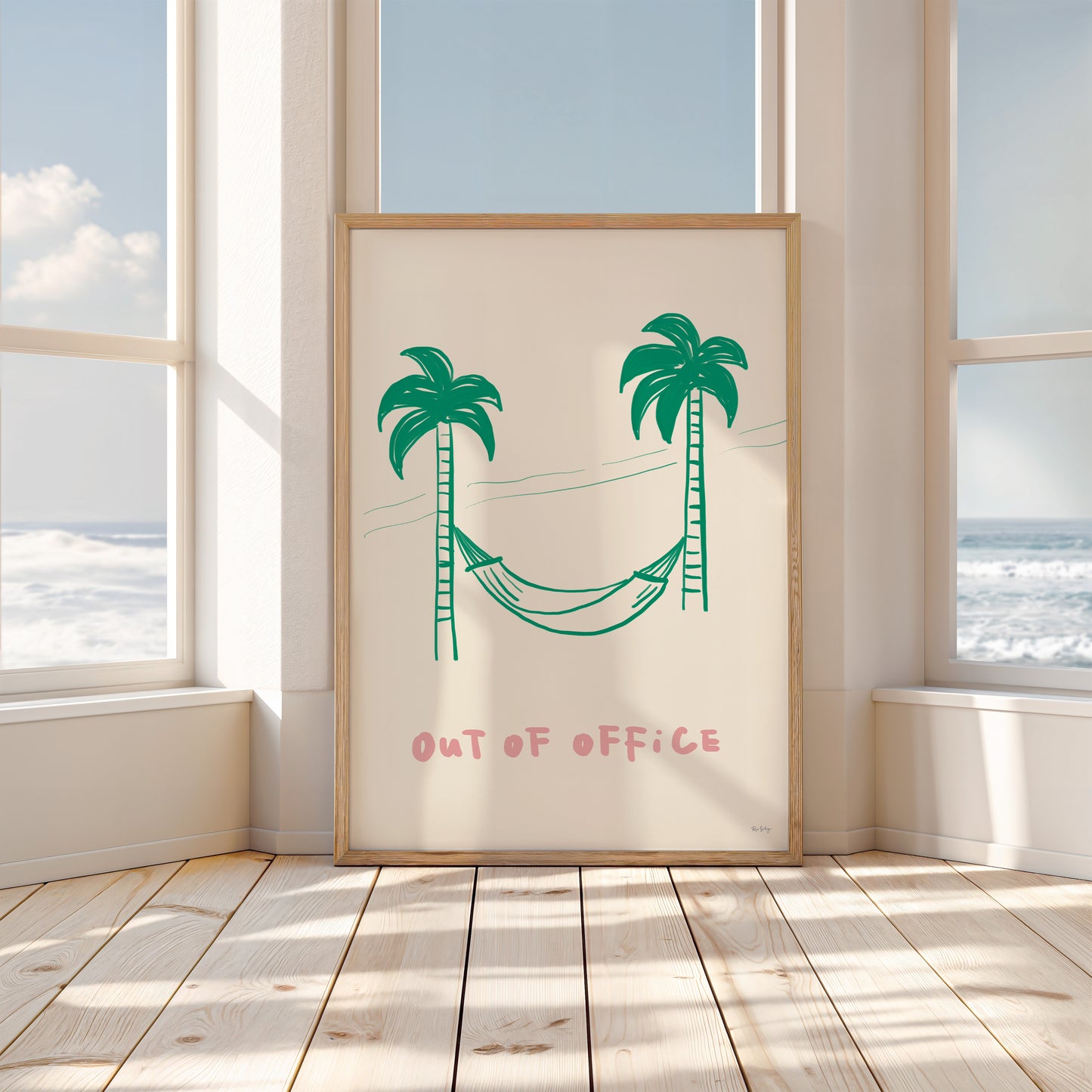 Out of Office – Minimalist Beach Wall Art Print with Palm Trees and Hammock