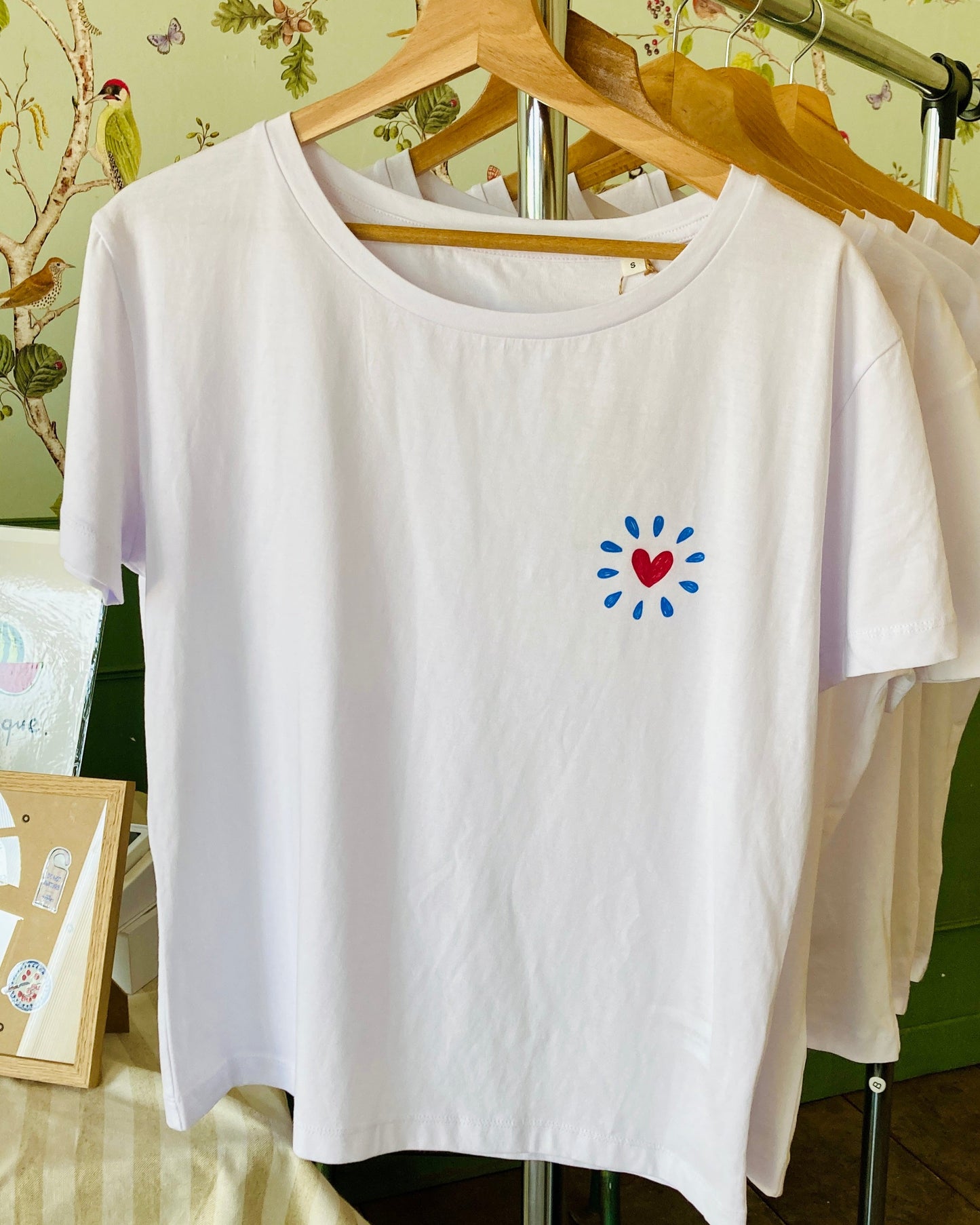 Women’s Organic Cotton T-Shirt – Red Heart and Blue Dots Illustration