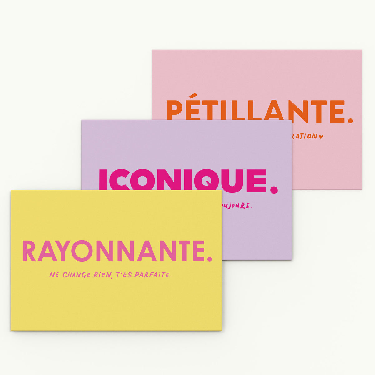 Pack de Cartes Pop et Colorées « Pétillante », « Iconique » et « Rayonnante ».