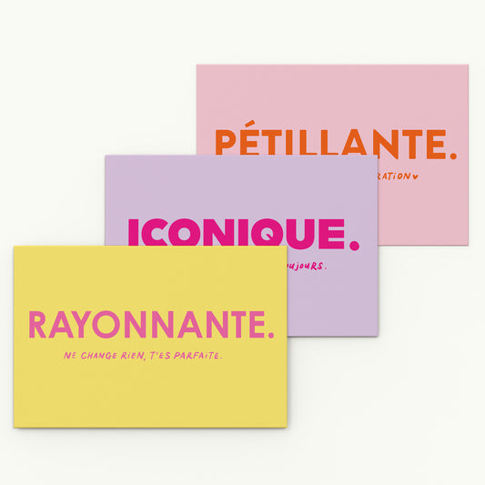 Pack de Cartes Pop et Colorées « Pétillante », « Iconique » et « Rayonnante ».