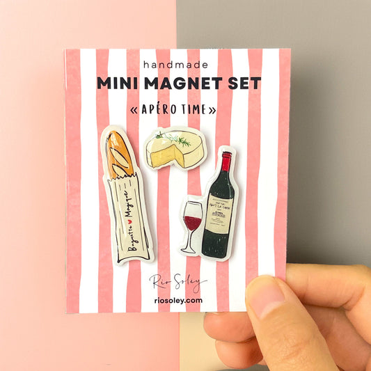 Handmade Mini Magnet Set – Apéro Time (Baguette, Wine & Camembert Cheese)