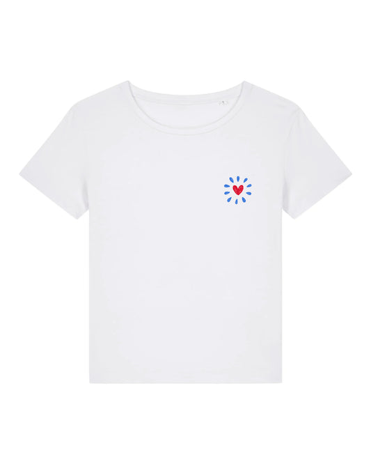 Women’s Organic Cotton T-Shirt – Red Heart and Blue Dots Illustration