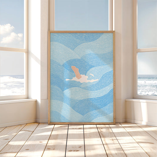 Diving Wall Art – Ocean Swimmer Print, Summer Waves Poster, Diver Wall Decor
