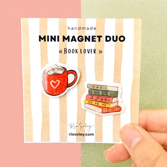 Handmade Mini Magnet Duo - Book Lover (Stack of books & hot chocolate mug illustration)