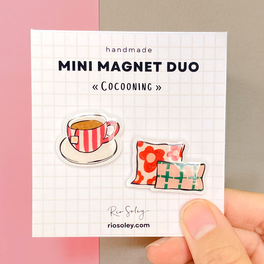 Handmade Mini Magnet Duo - Cocooning (Tea & Cushion illustration)