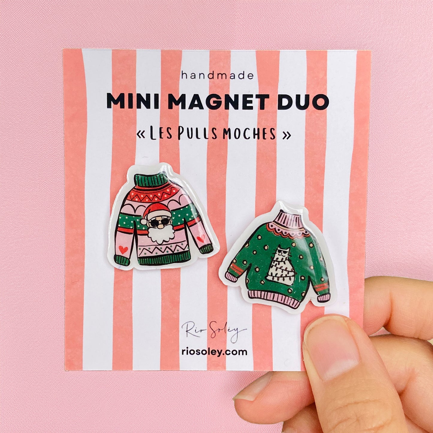 Duo de mini-aimants faits main - Pulls moches (Chat et Père Noël cool)