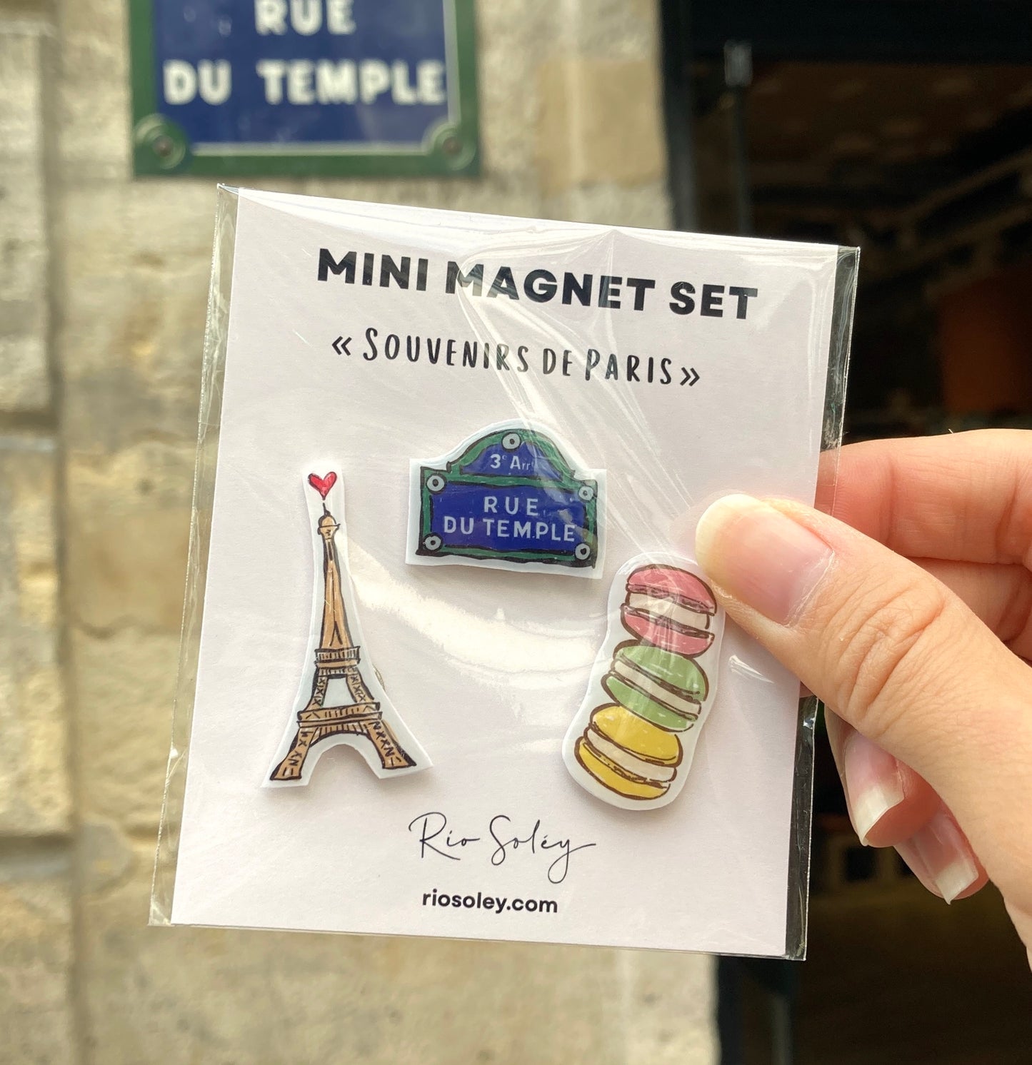 Handmade Mini Magnet Set – Souvenirs de Paris (Eiffel Tower, Paris Street Sign & Macarons)