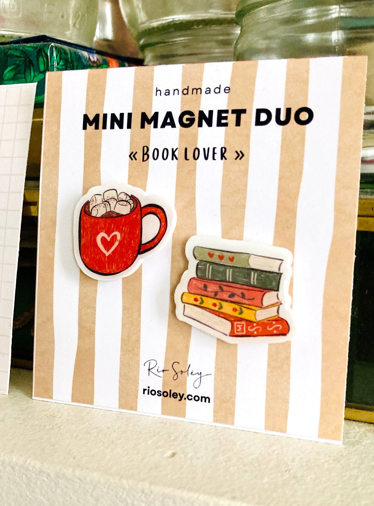 Handmade Mini Magnet Duo - Book Lover (Stack of books & hot chocolate mug illustration)