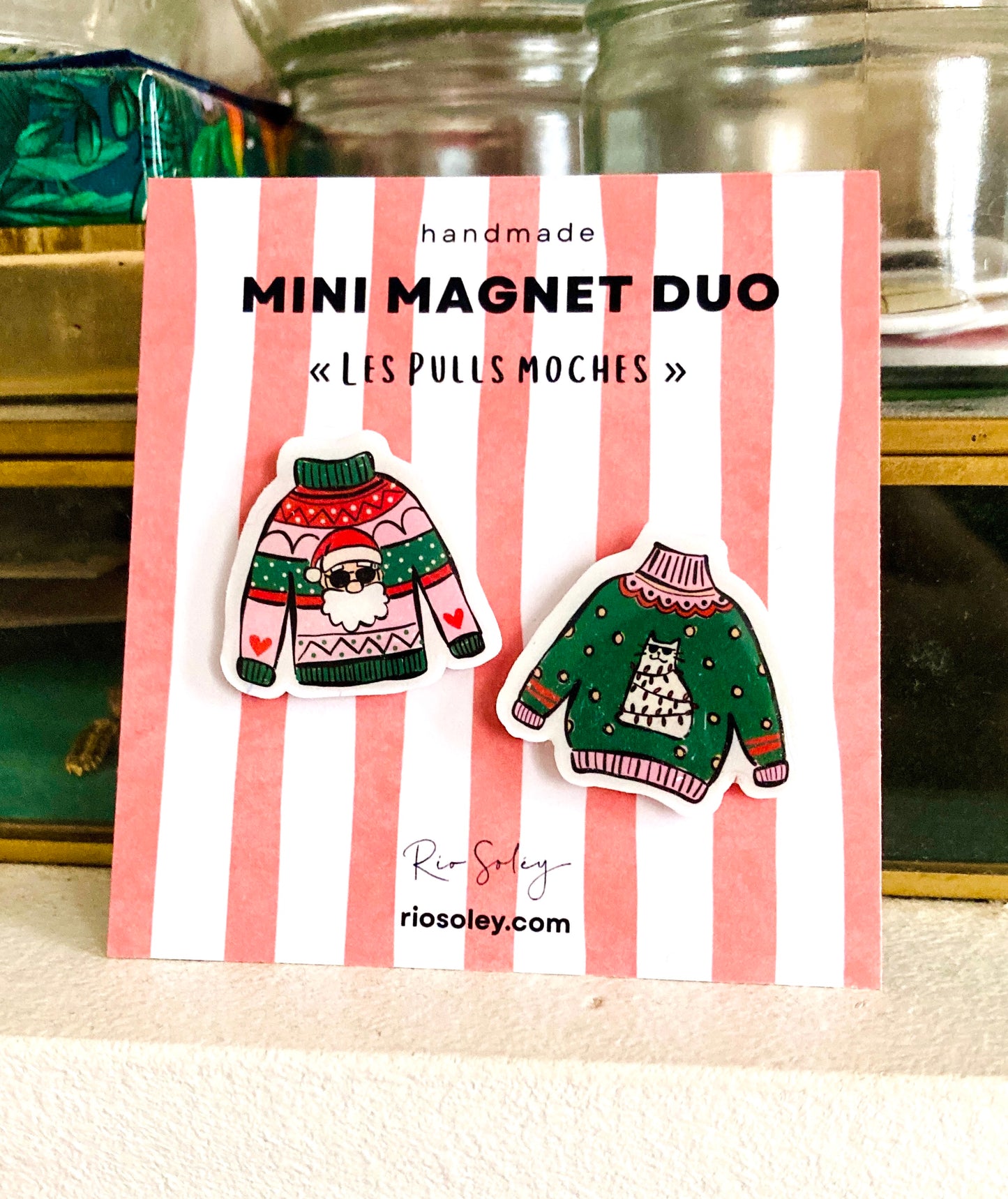 Duo de mini-aimants faits main - Pulls moches (Chat et Père Noël cool)