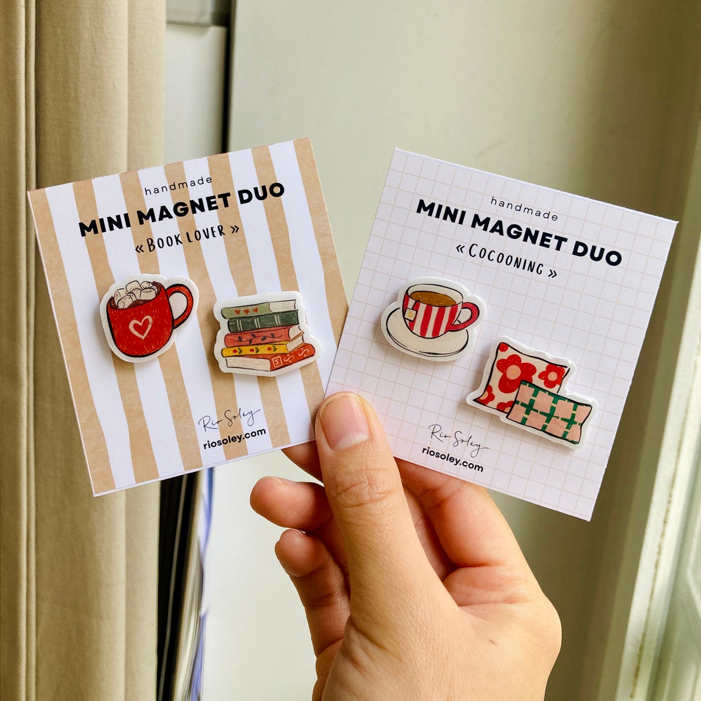 Handmade Mini Magnet Duo - Book Lover (Stack of books & hot chocolate mug illustration)