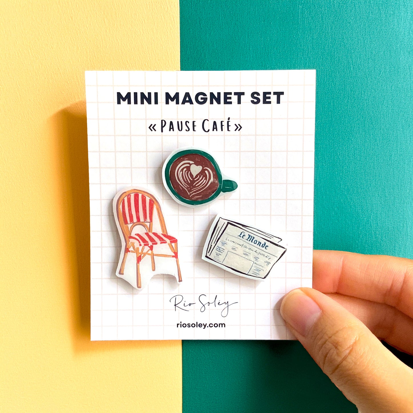 Handmade Mini Magnet Set – Pause Café (Coffee, Parisian Café Chair & Le Monde Newspaper)