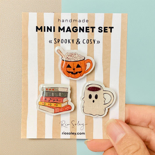 Handmade Mini Magnet Set – Spooky & Cosy (Pumpkin Spice Latte, Ghost mug & Bookish)