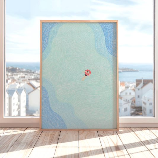 Floating Girl Art Print – Aerial Ocean Wall Art – Calm Coastal Home Decor